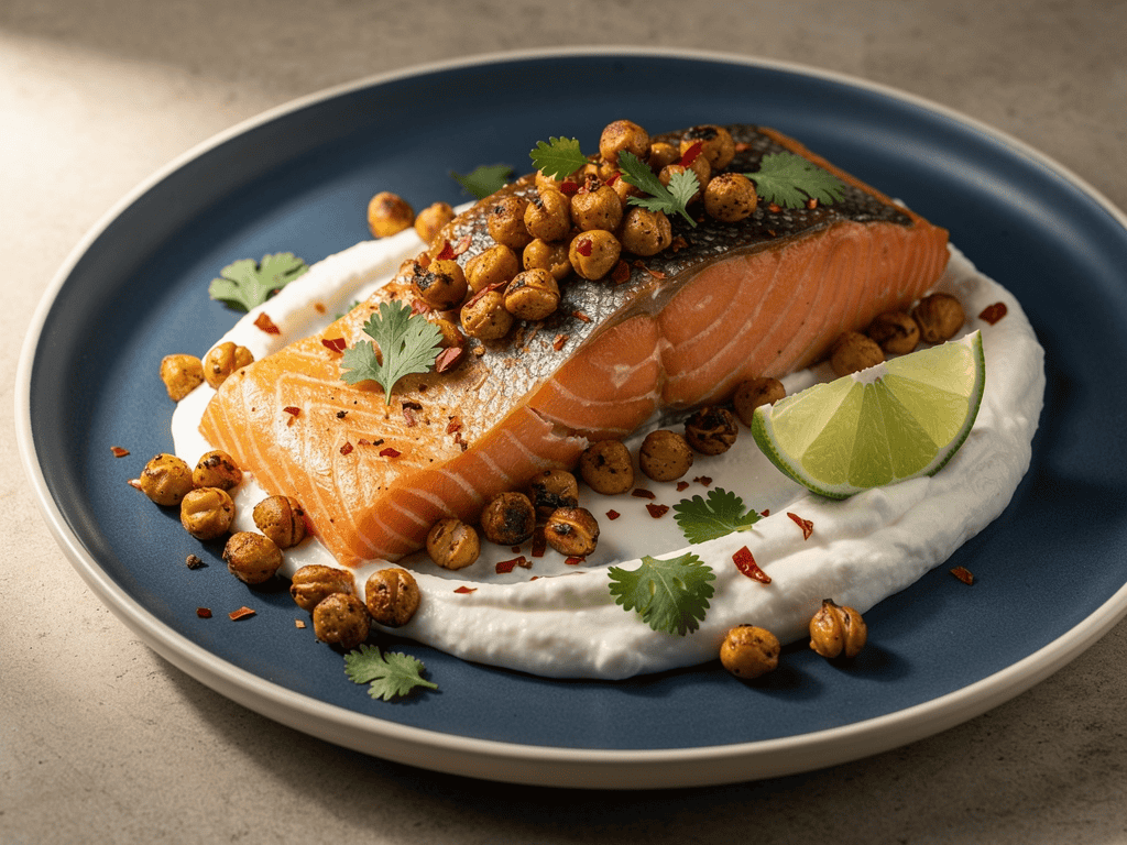 Roasted salmon with chile-lime yogurt, crispy chickpeas, cilantro, and lime.