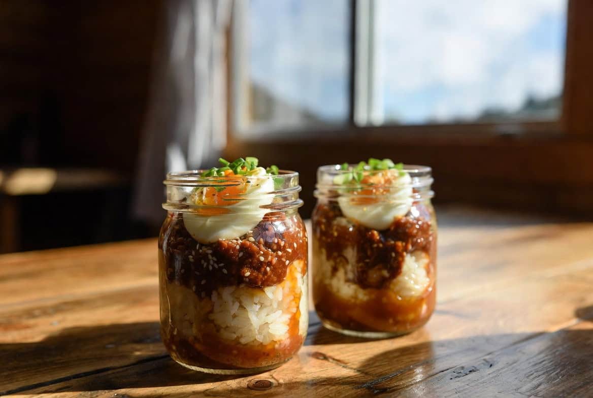 Mason jars of maple-miso rice with soft egg and sesame