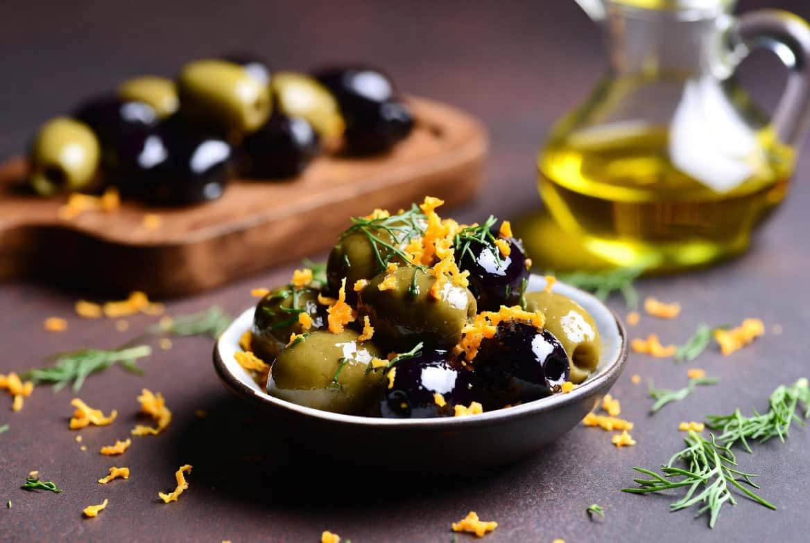 Warm olives with citrus zest and fennel