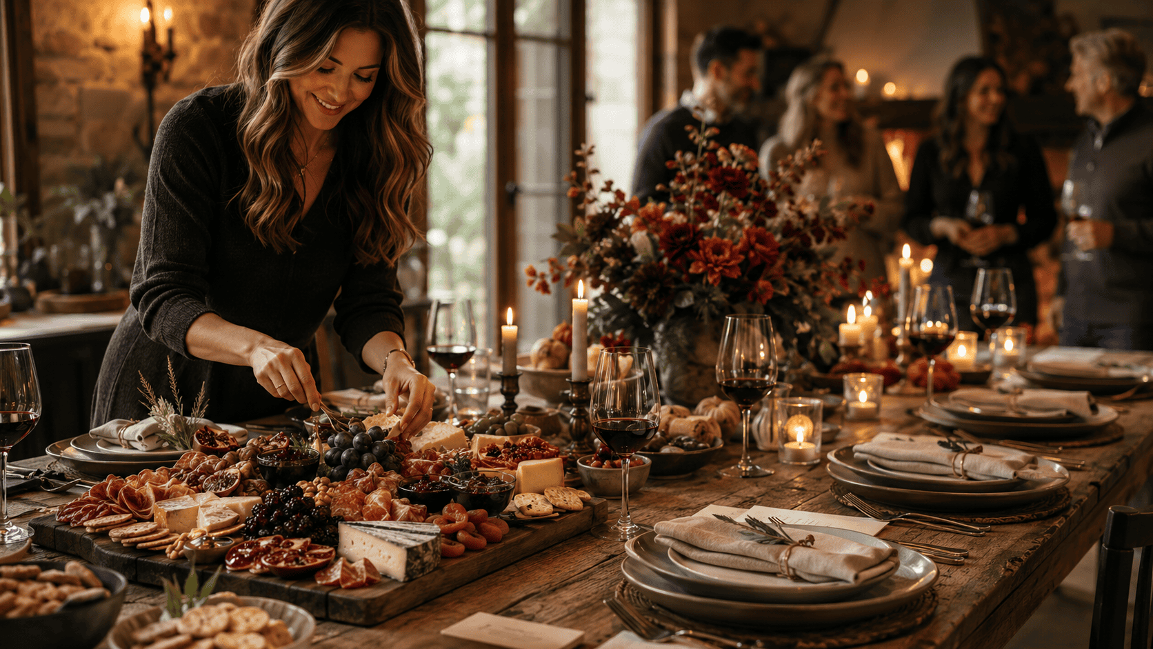 A host arranging a generous dinner-party table as guests gather in the background