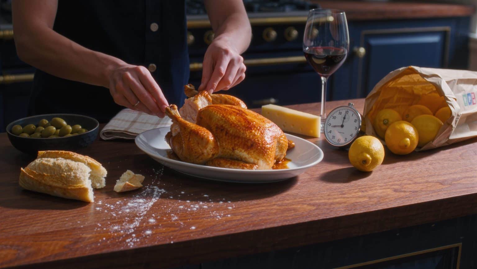 A kitchen counter mid-preparation: a roast chicken being pulled into a dish, a torn loaf, olives, cheese still in its paper, a tipped grocery bag spilling lemons, a timer and a glass of wine poured for the cook