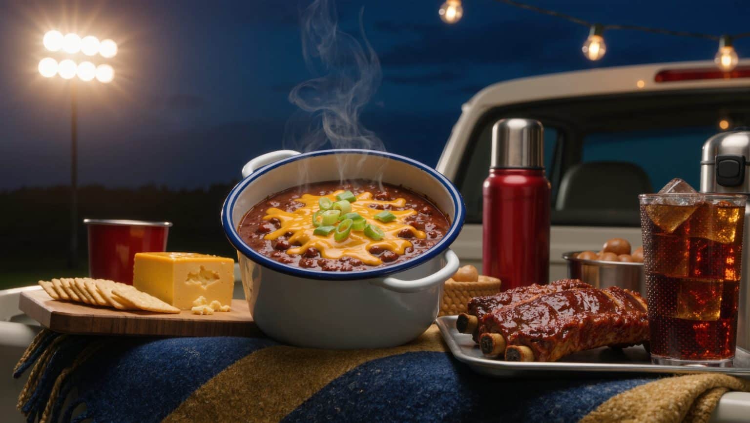 A tailgate supper under stadium floodlights: an enamel pot of chili with melted cheddar and scallion, pimento cheese with crackers, glossy sticky ribs, thermoses and tumblers of cherry-cola bourbon, wool blankets in navy and brass