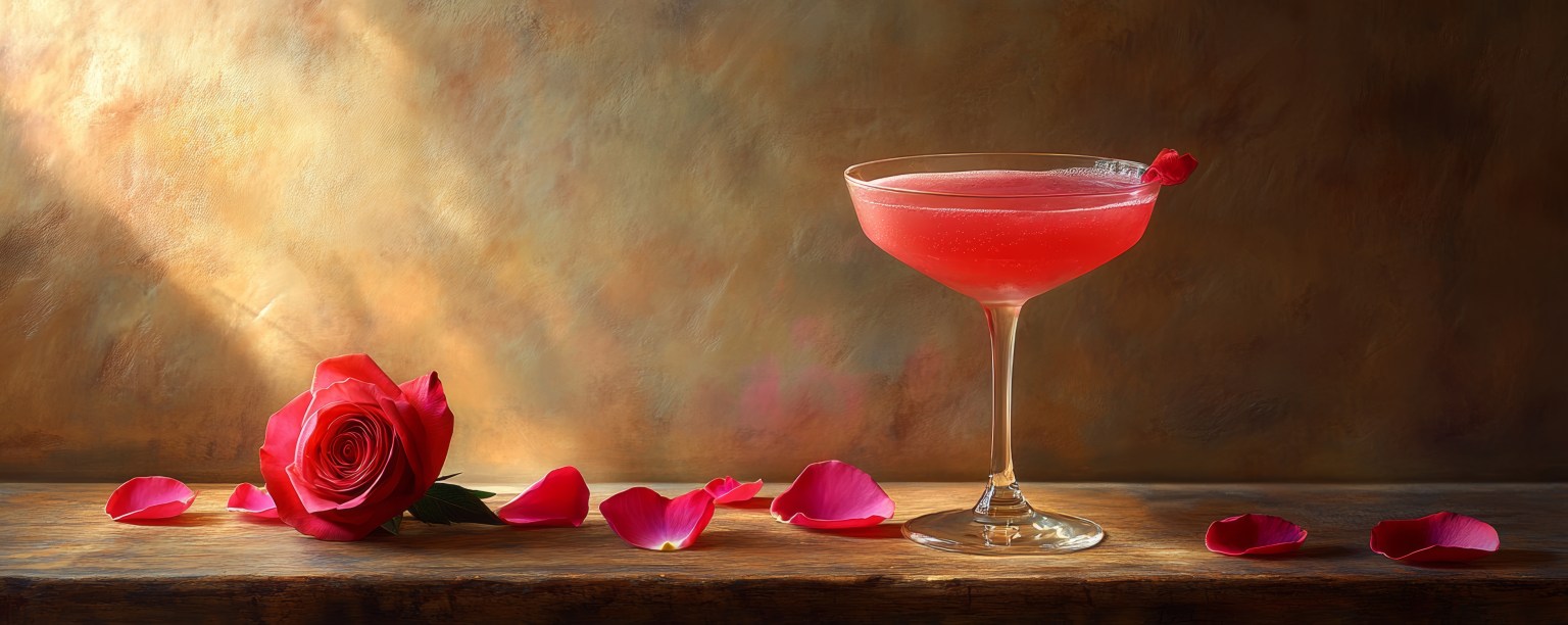 A pink cocktail in a coupe with red roses and loose petals on a gold surface
