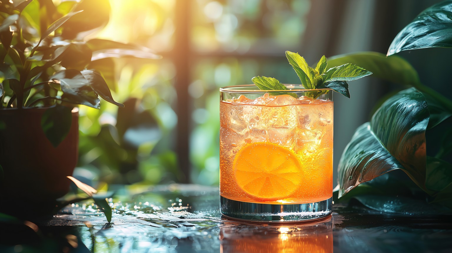 An orange drink over ice with mint, backlit among ferns