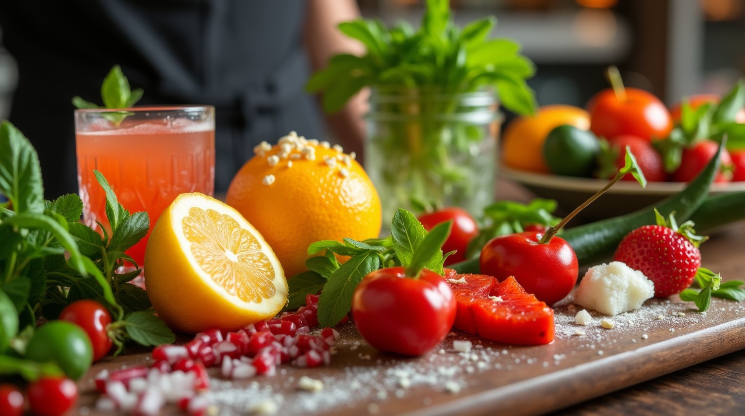 A vibrant display of various cocktail garnishes arranged artistically on a bar counter, including fresh herbs, citrus slices, and colorful fruits.