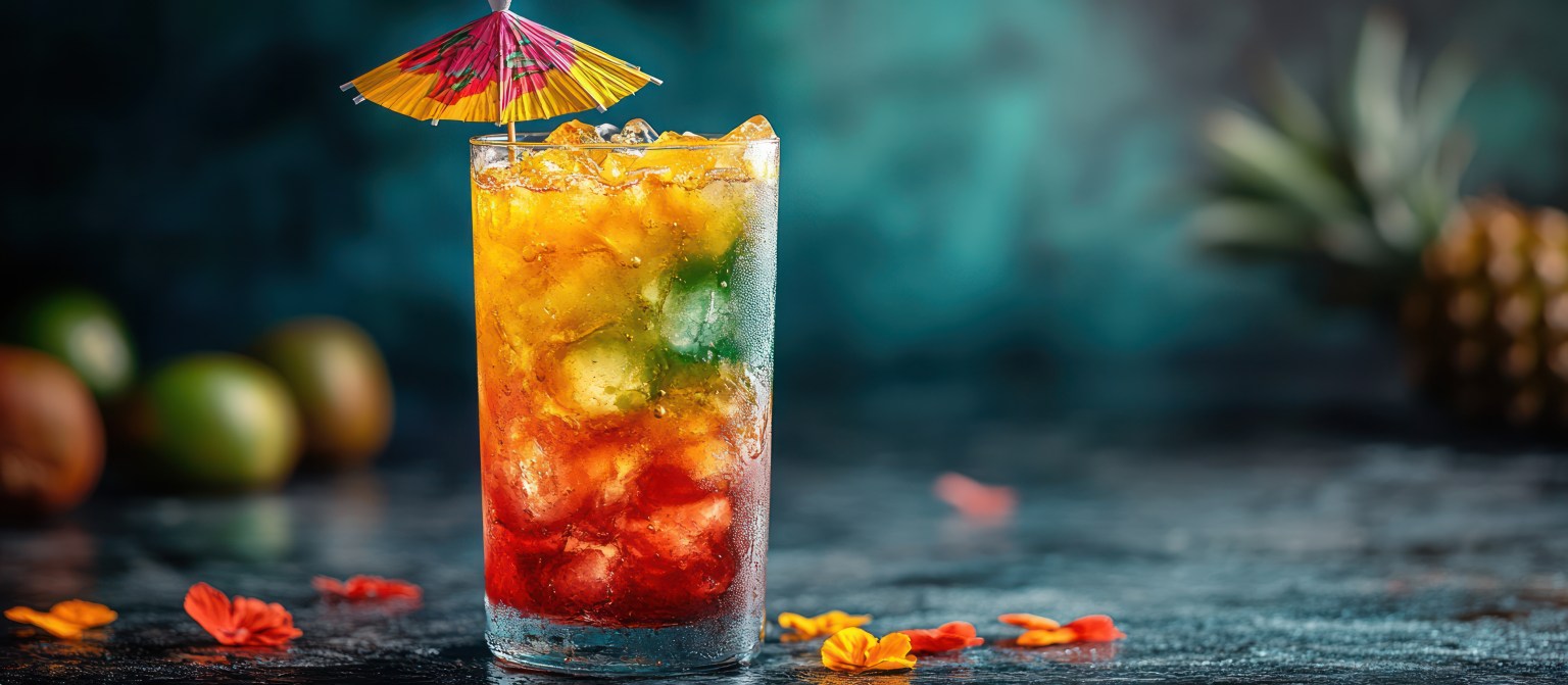 Layered tropical cocktail with ice, garnished with a paper umbrella, served in a tall glass on a dark background.