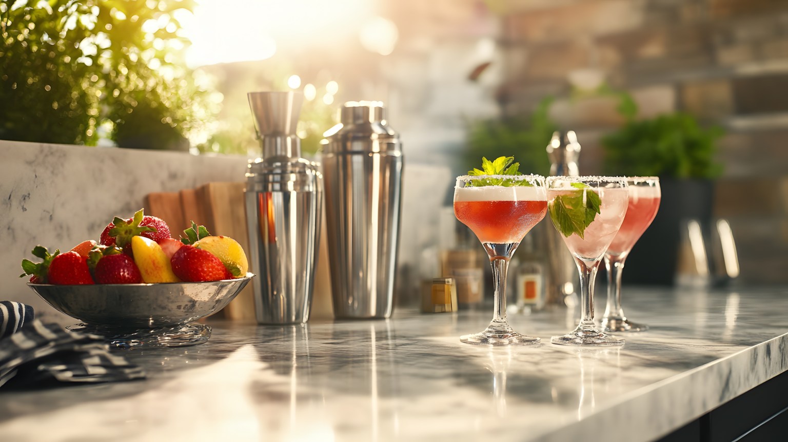 Two pale coupes on a marble counter beside steel shakers and a bowl of fruit