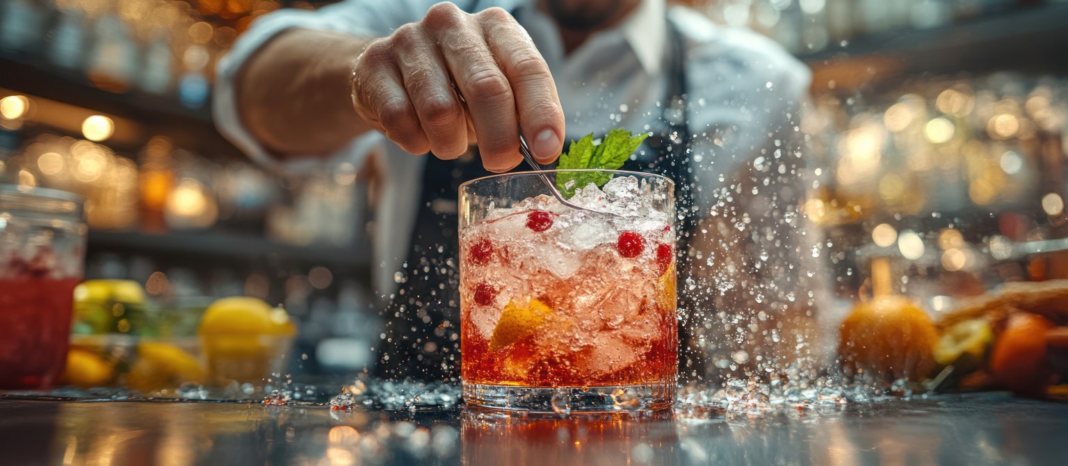 A hand garnishing a red cocktail packed with ice and berries, water splashing