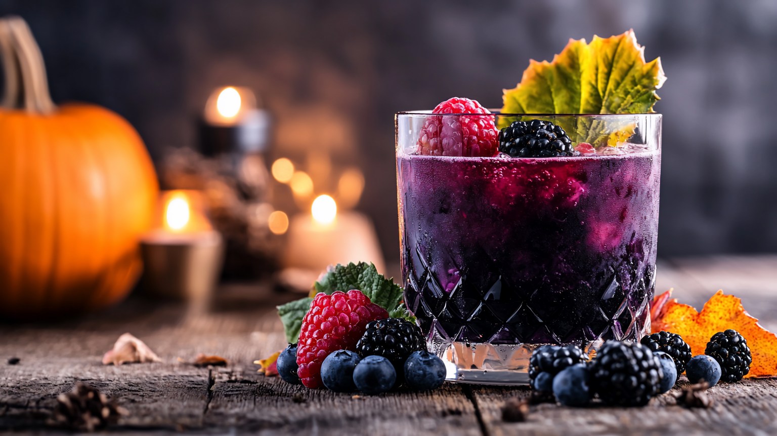 A deep purple cocktail garnished with berries beside autumn foliage decor