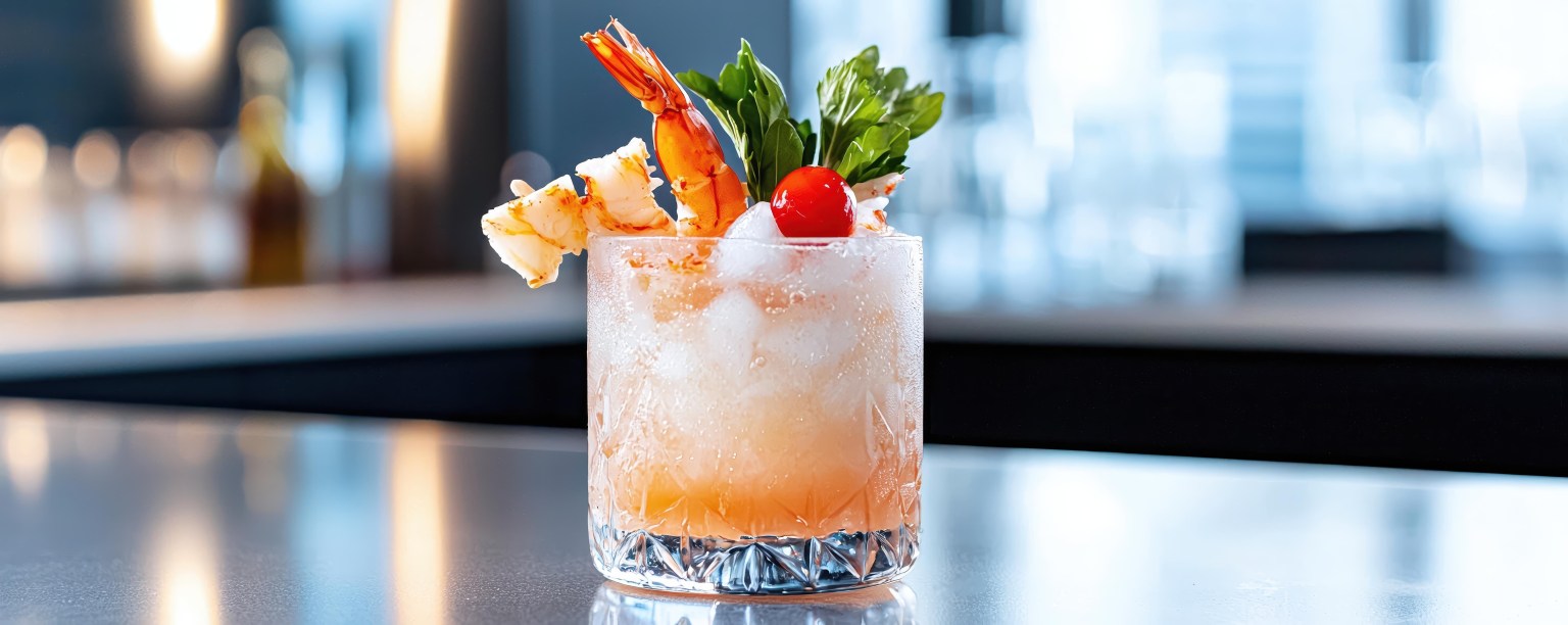 Refreshing Cocktail with Shrimp and Vegetables in Elegant Glass on Modern Bar Counter