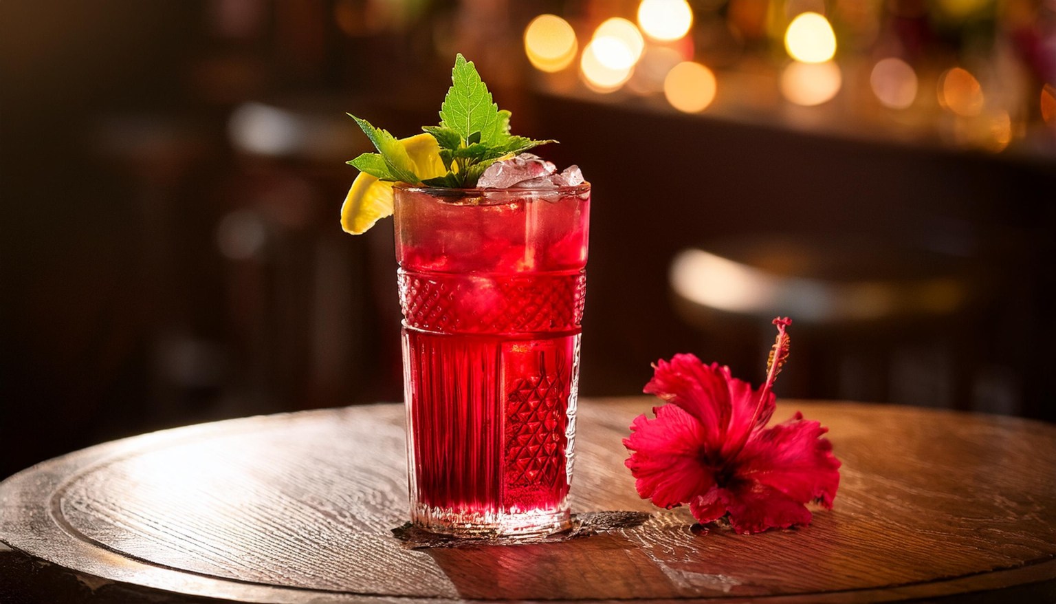 A red drink over ice on a wooden table with a hibiscus flower beside it