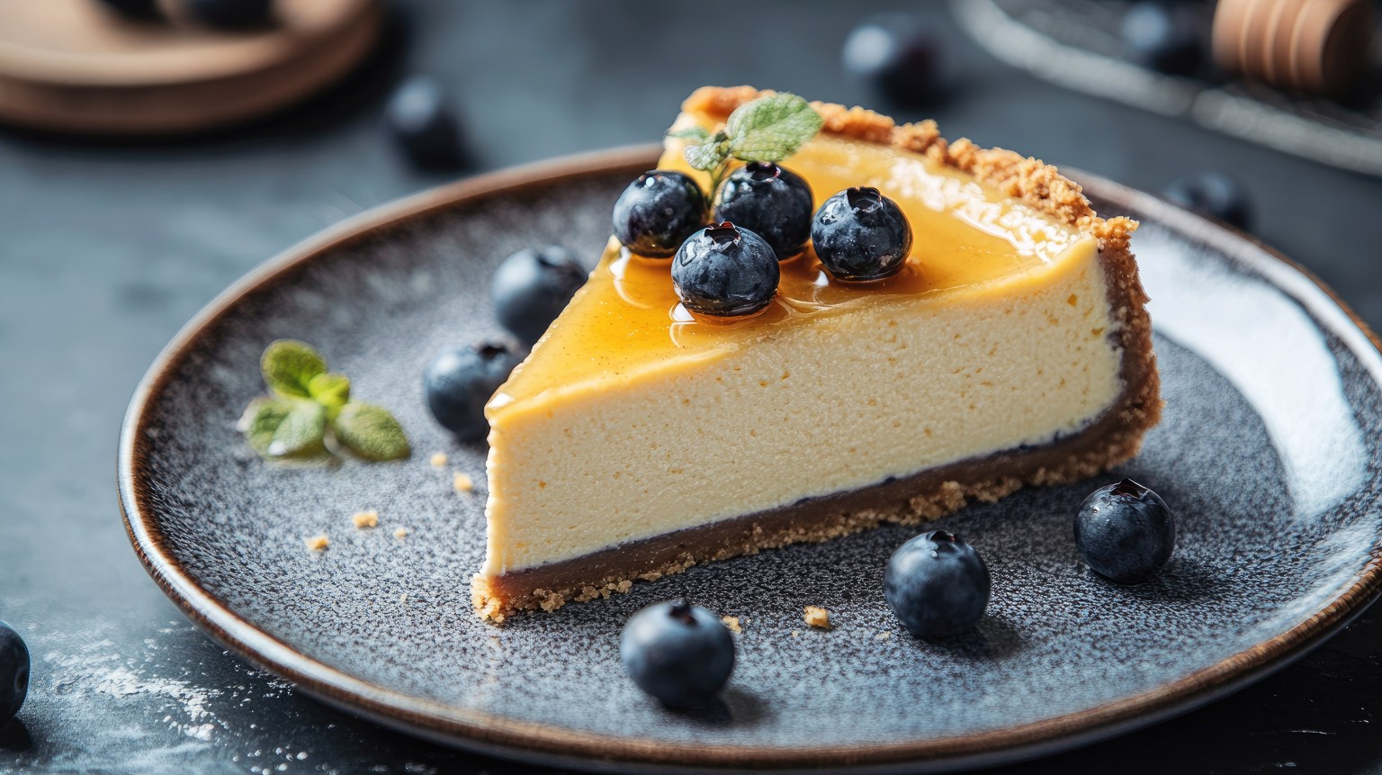 A slice of cheesecake with a mango top, blueberries scattered around the plate