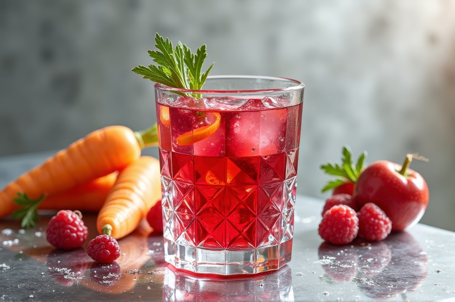 A red drink over ice in a cut-glass tumbler with carrots and raspberries beside it