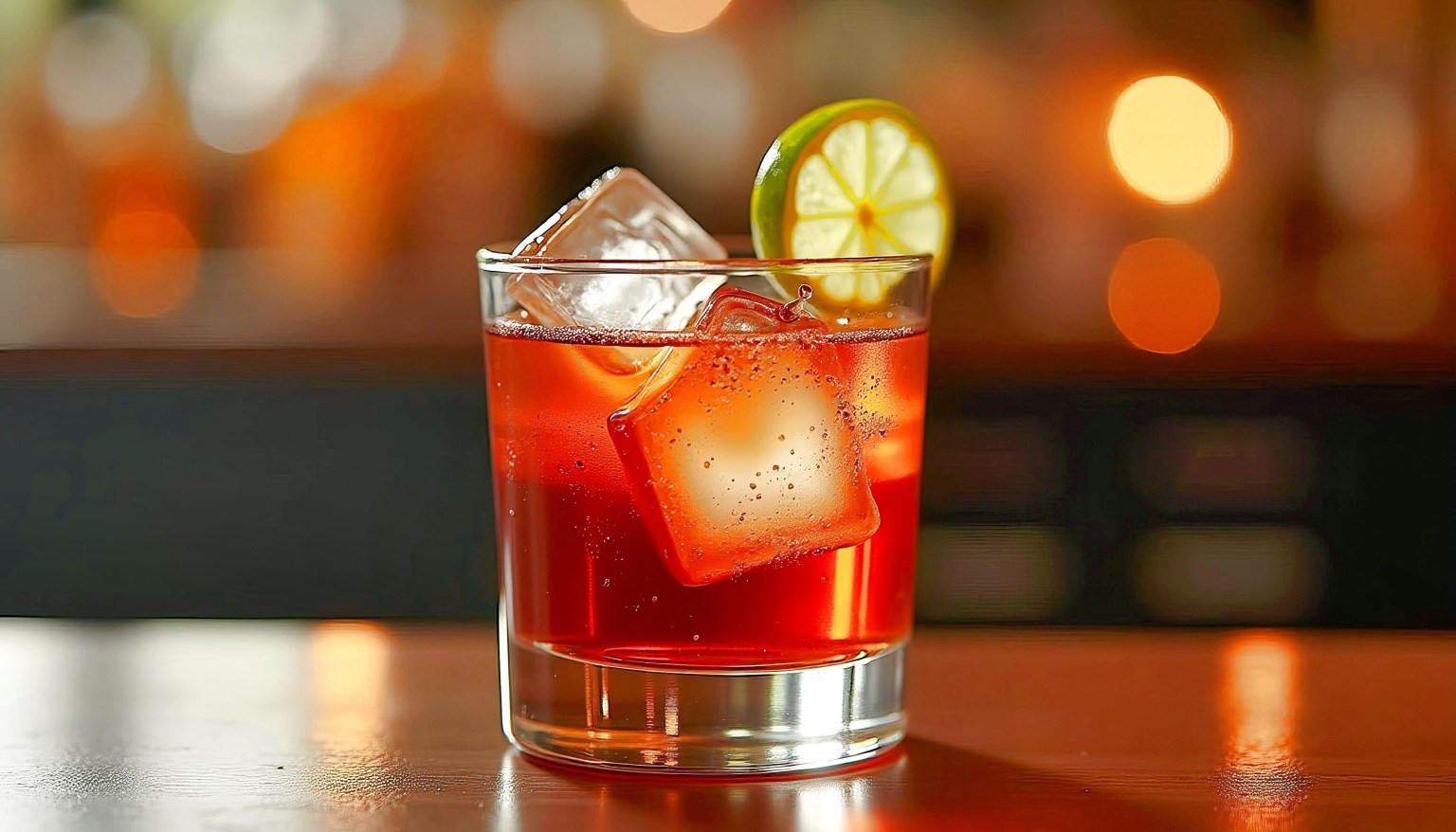 A red-orange drink over ice on a bar counter with warm bokeh behind