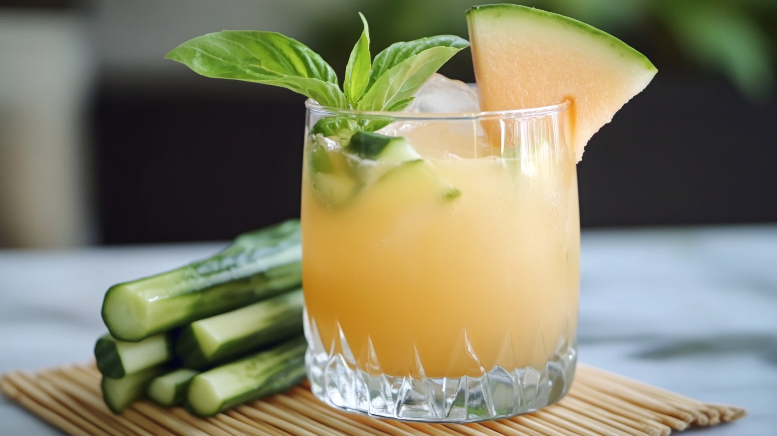 A pale melon cocktail in a rocks glass with basil and a melon wedge