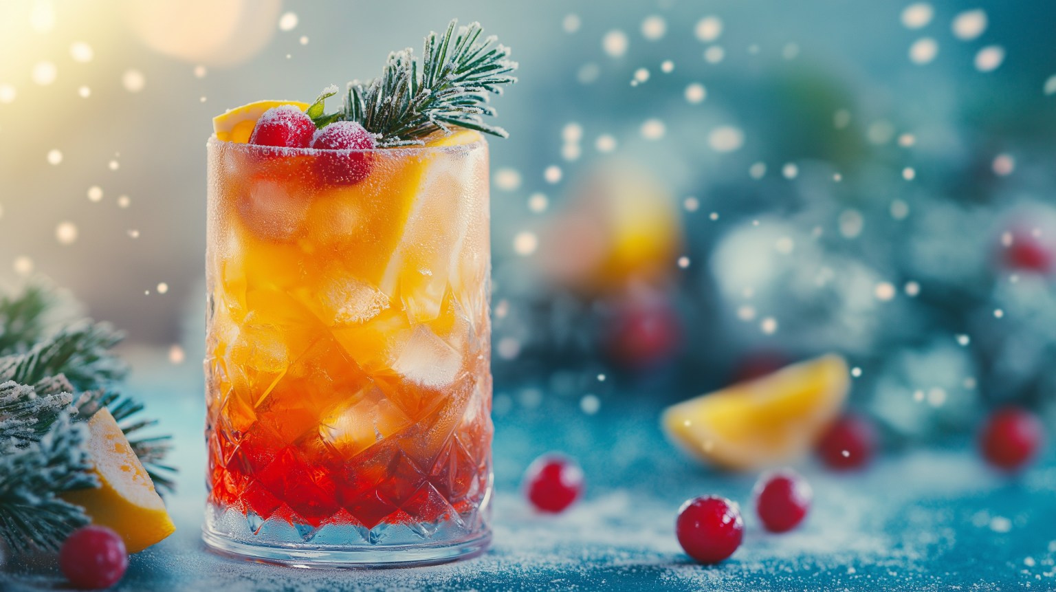 Layered citrus and cranberry cocktail over ice, garnished with a frosted pine sprig and sugared cranberries