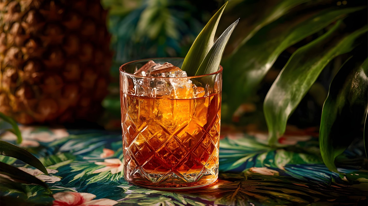 An amber cocktail over ice in a cut-glass tumbler among tropical leaves