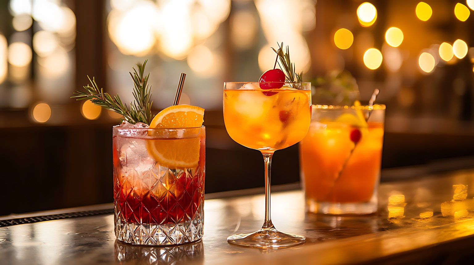 Three cocktails on a bar under warm string lights, garnished with citrus and rosemary