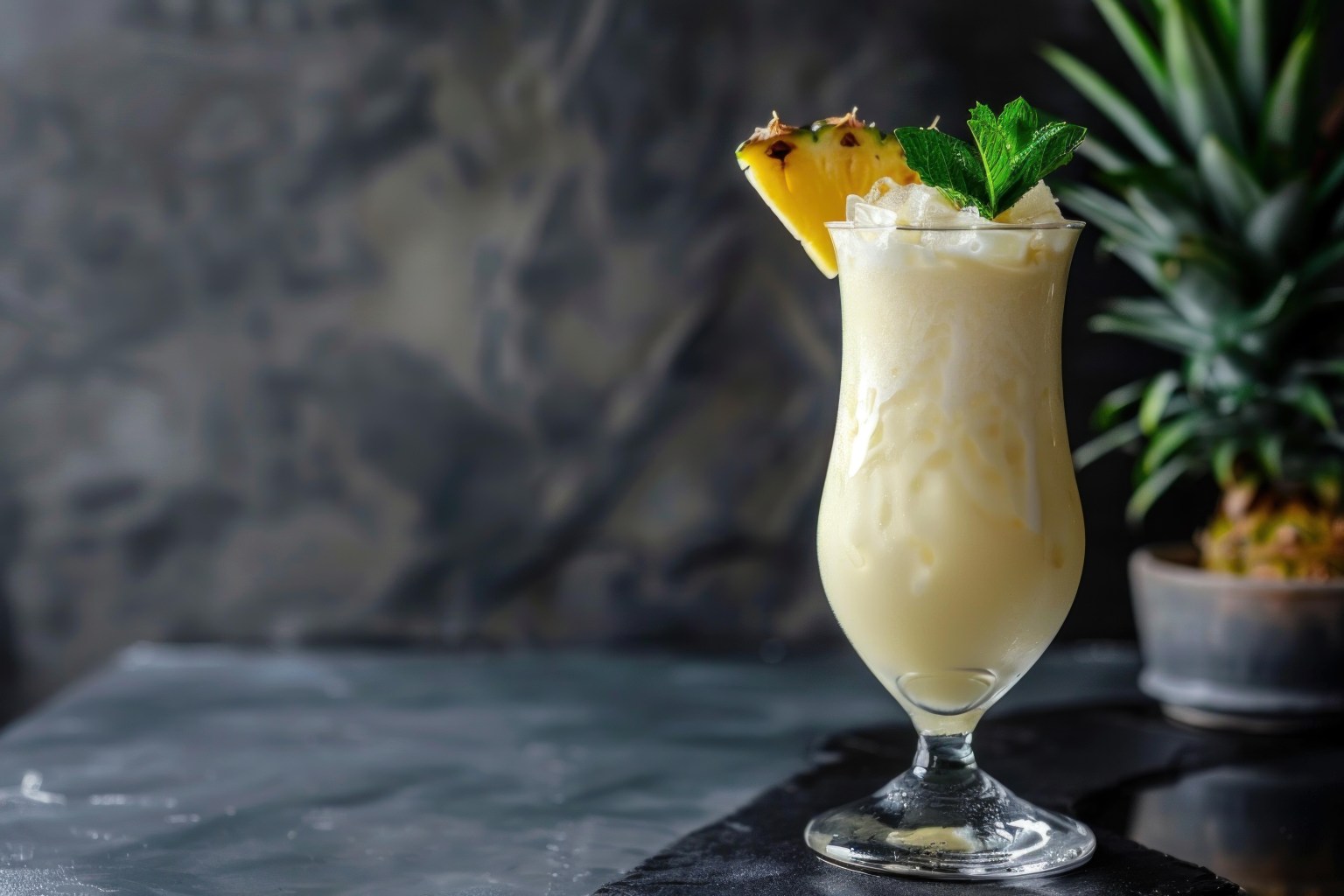 A creamy white drink in a tall glass topped with a pineapple wedge