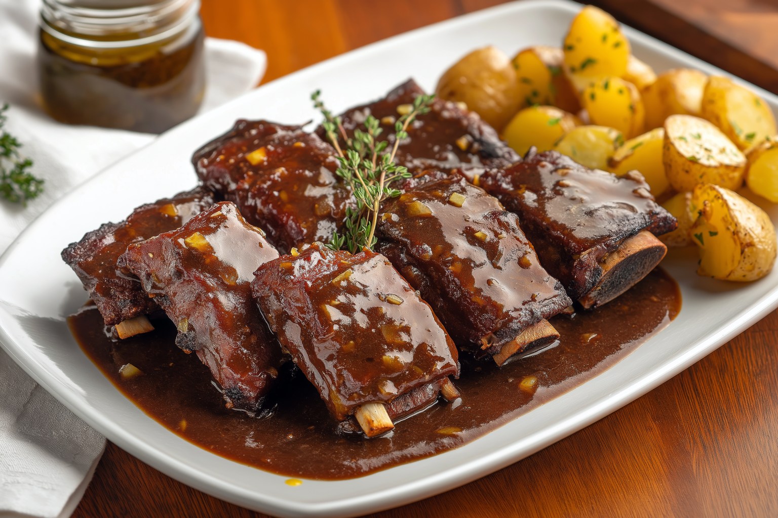Braised short ribs in dark sauce on a white platter with baby potatoes