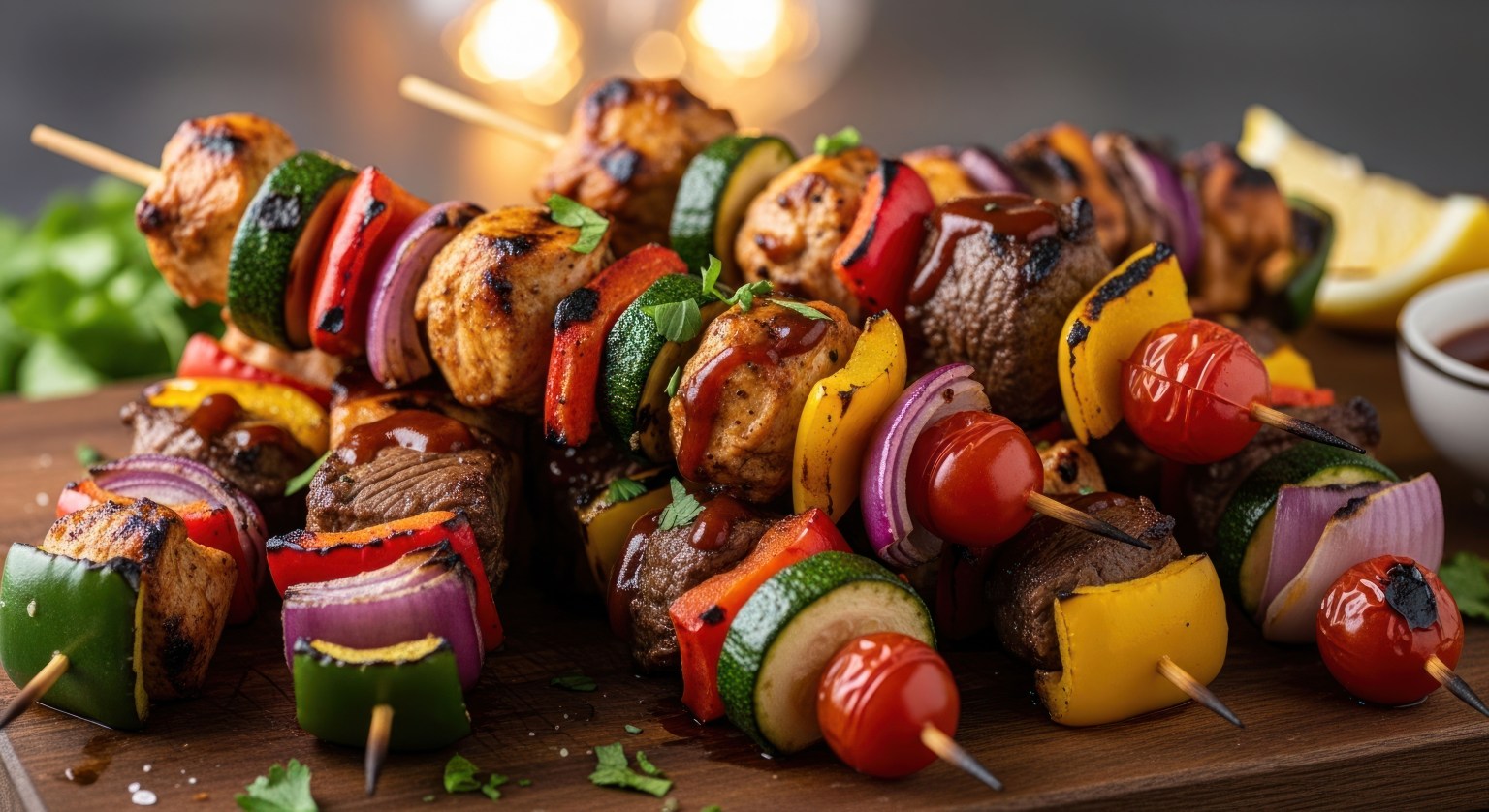 Grilled skewers of meat and bright vegetables stacked on a wooden board