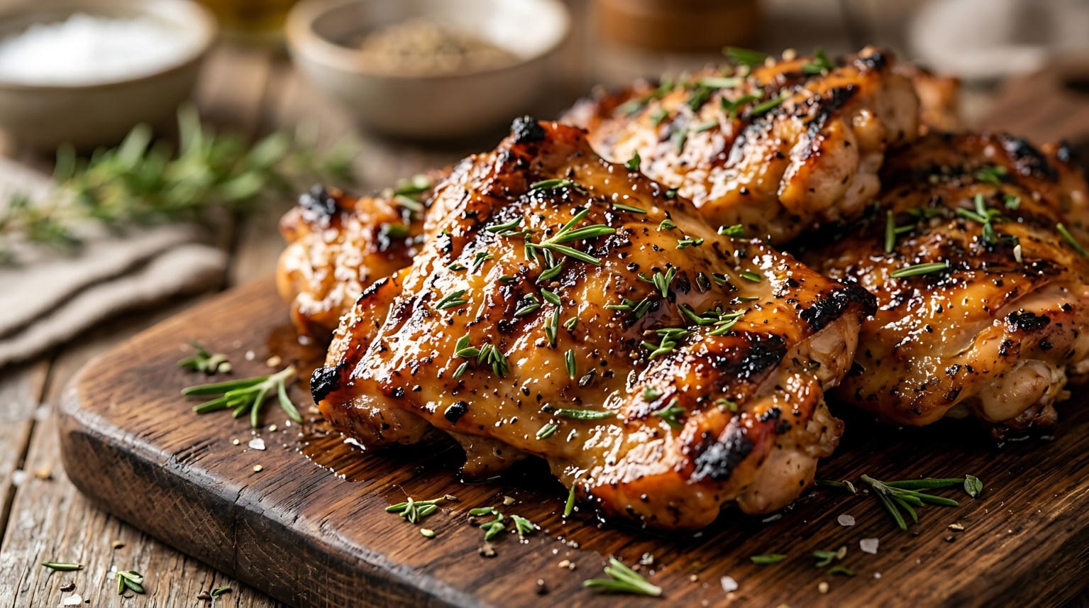 Grilled chicken thighs with herbs resting on a wooden board