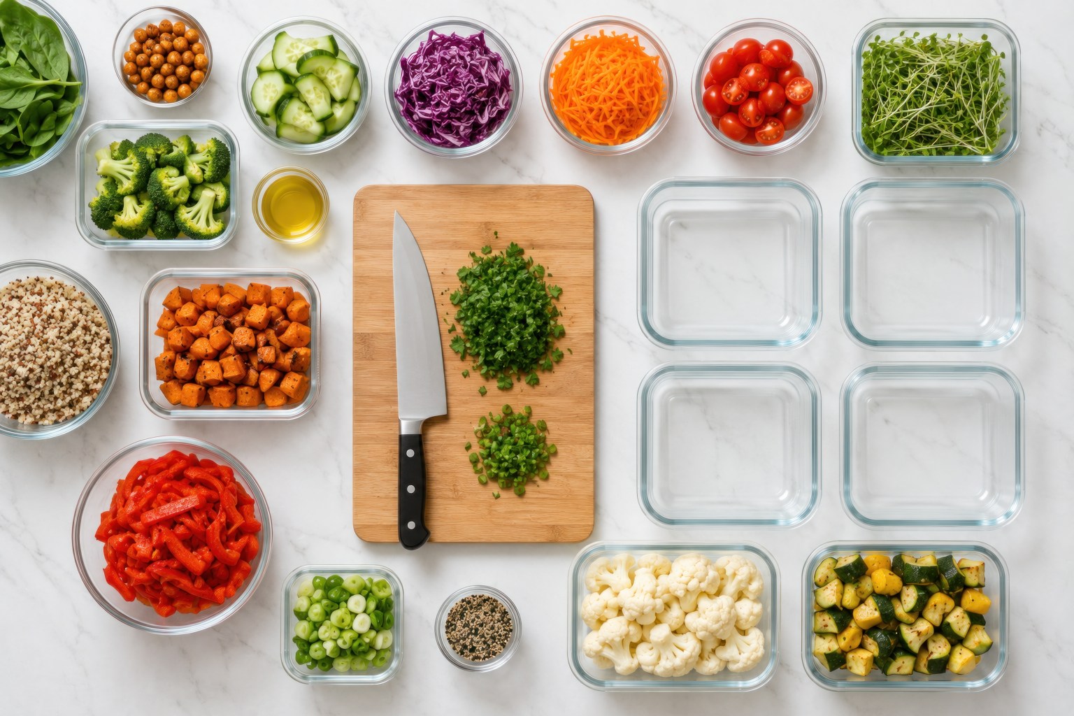 Prepped ingredients portioned into containers and bowls, viewed from above