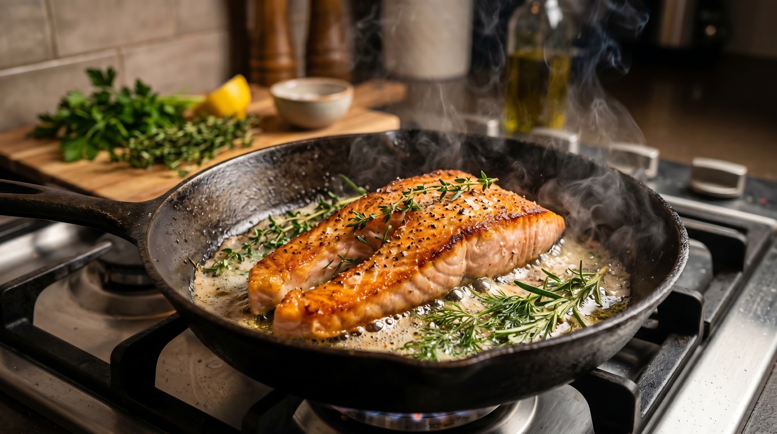 Salmon fillet searing skin-side down in a hot skillet with fresh herbs