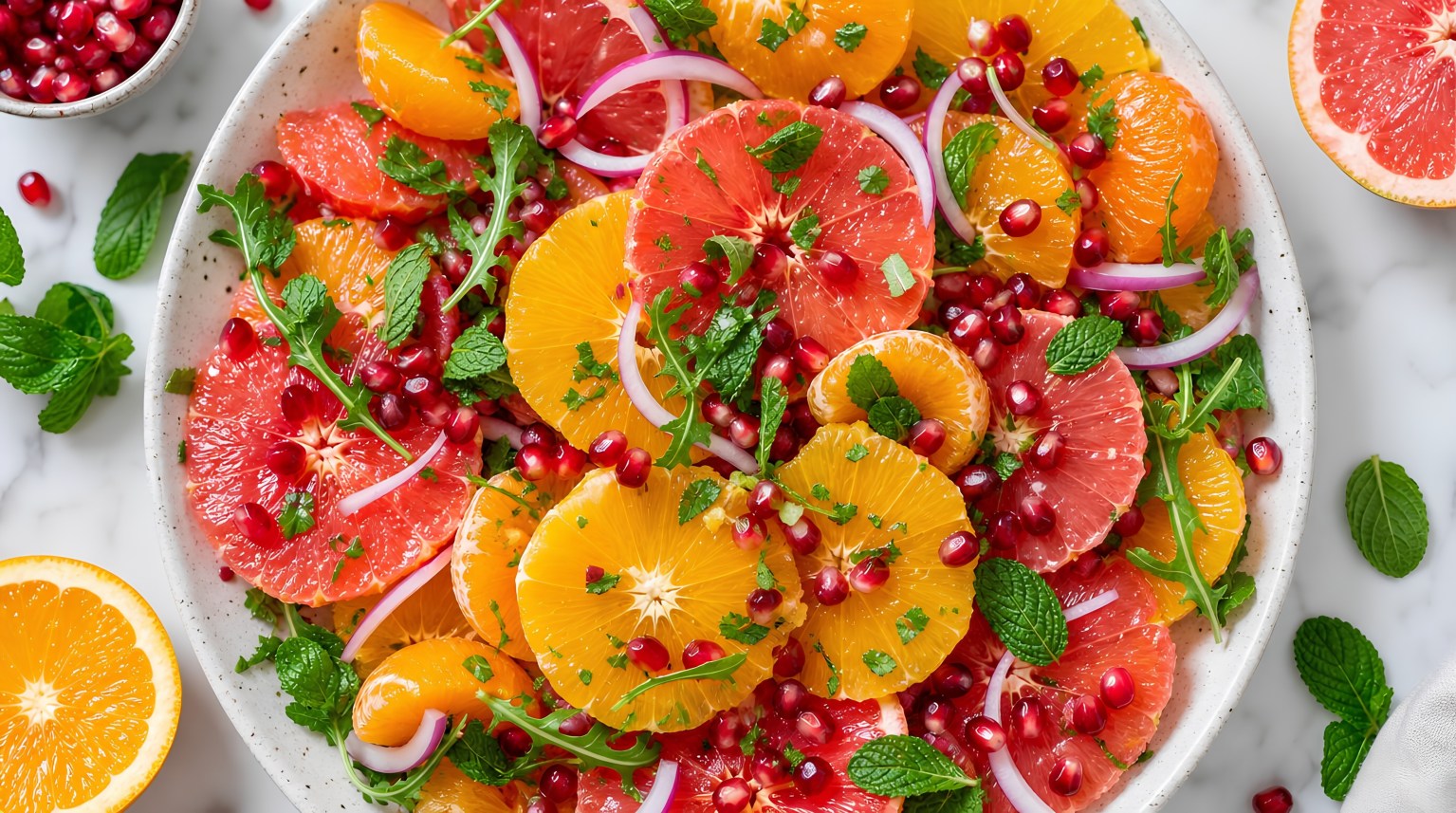 A citrus salad of orange and grapefruit rounds with pomegranate and mint