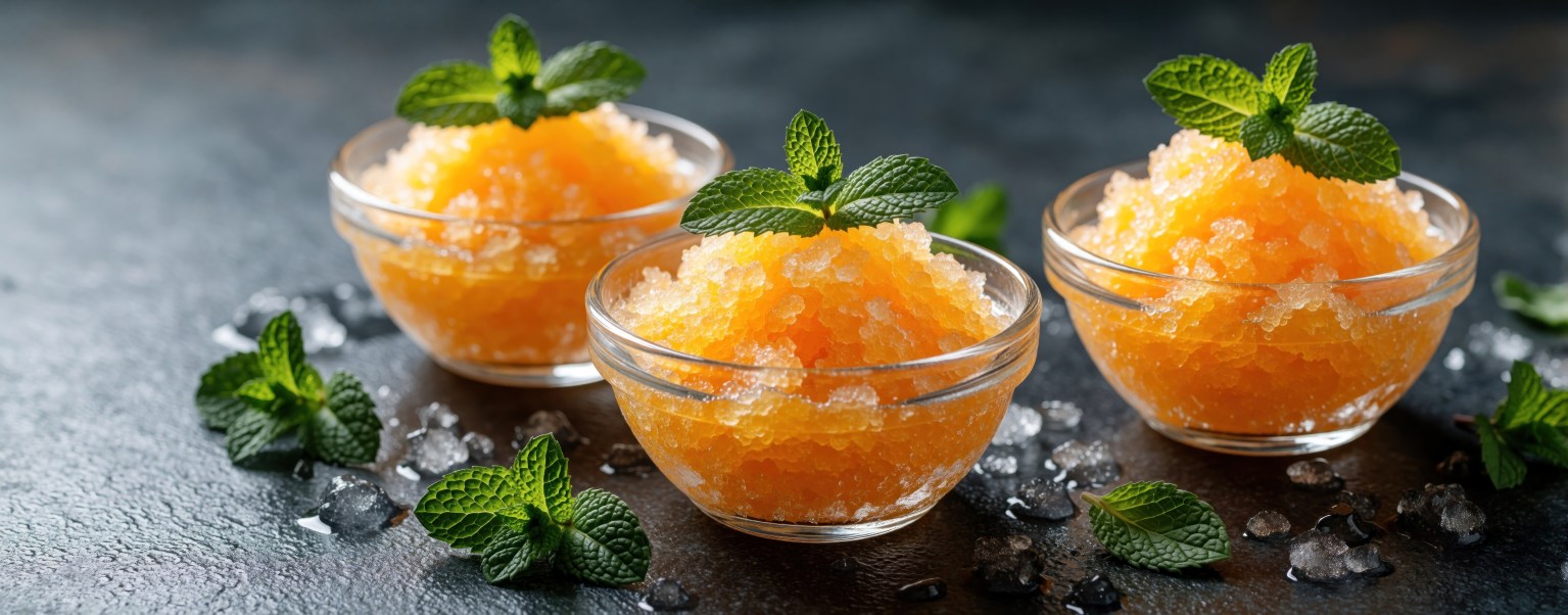 Orange granita shaved into small glass bowls with mint, on dark stone