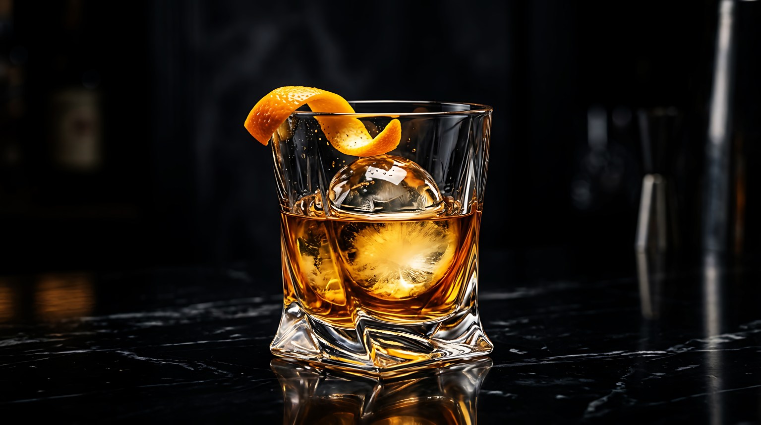 Whiskey over a large clear ice cube with an orange twist on black marble