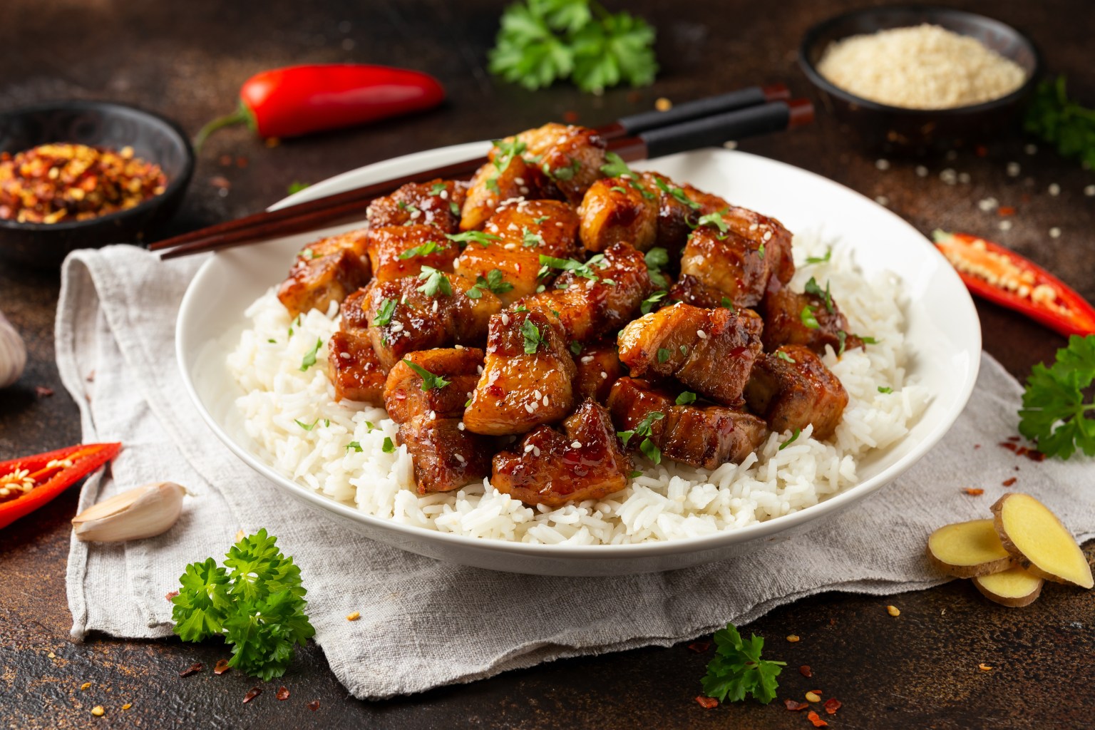 Chinese traditional cuisine sticky braised pork belly with rice on white plate
