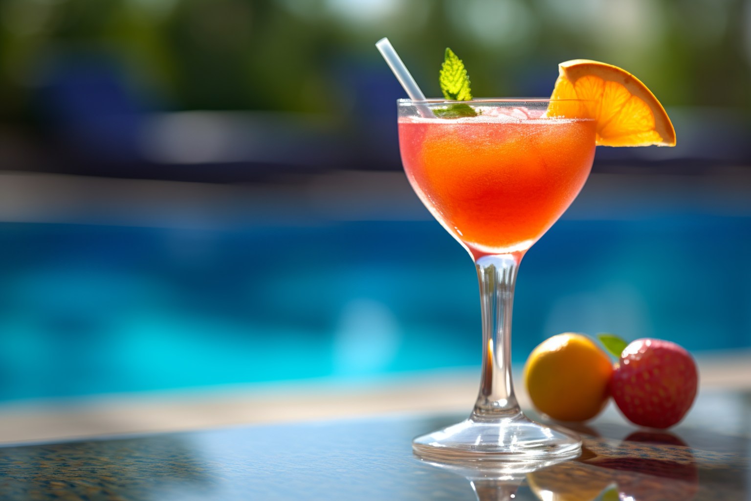 A red-orange cocktail with a straw and orange slice at the edge of a pool
