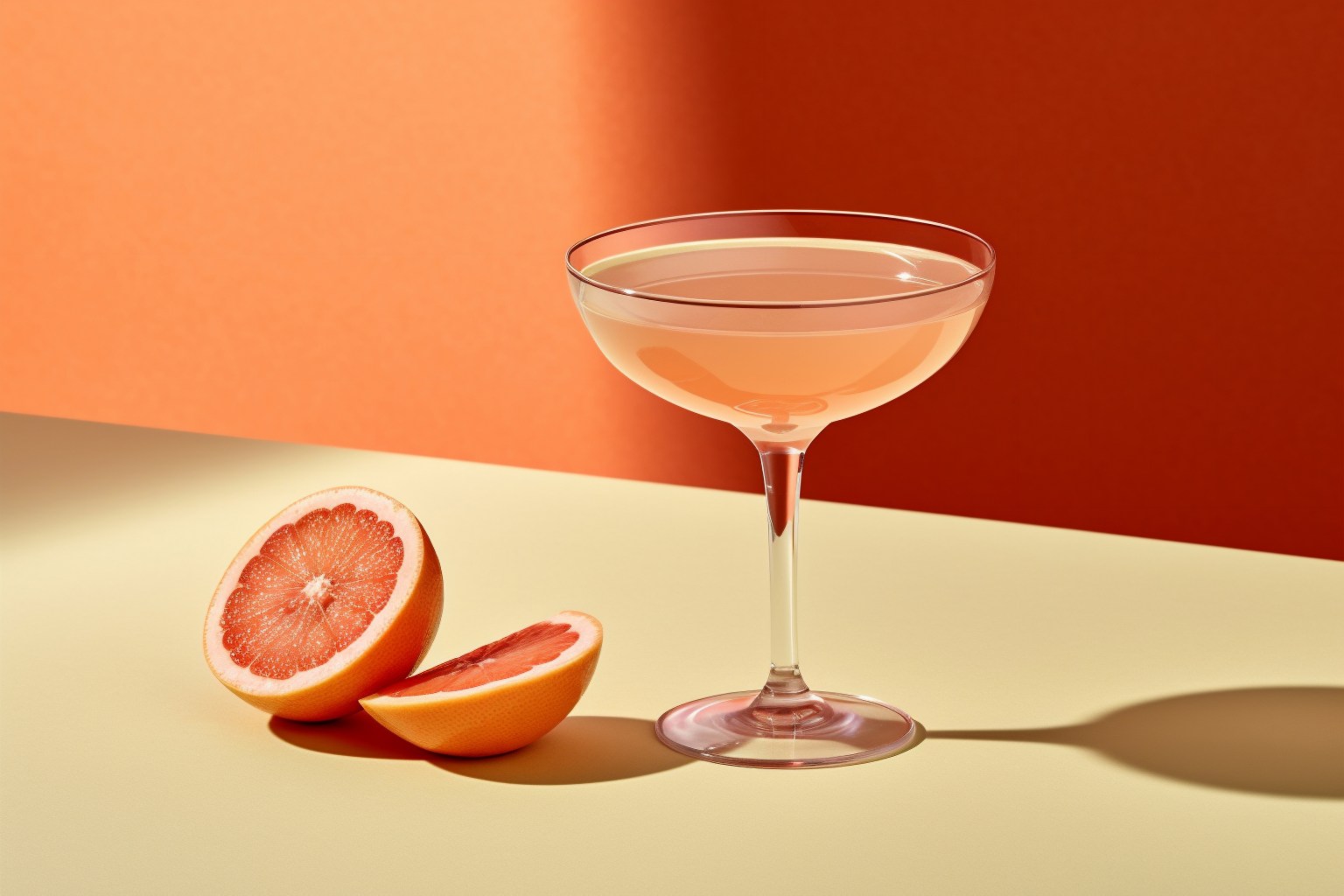 A pale pink coupe against an orange wall with blood orange halves and a hard shadow