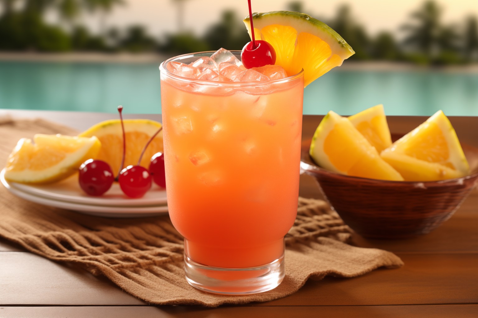 Image of classical cocktail sex on the beach on tropical ocean background. Concept of summer and beachside vacation. Generative AI.