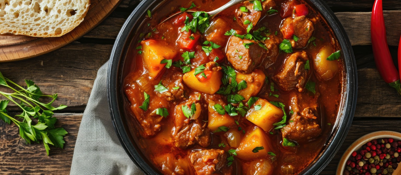 A braise of meat and potatoes in a wide pot, scattered with parsley
