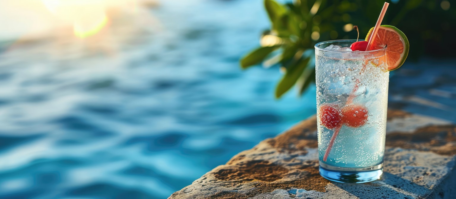 Refreshing cocktail near swimming pool close up. Copy space image. Place for adding text