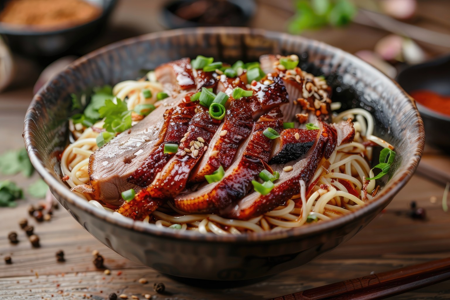 Delicious barbecued duck on noodles in bowl
