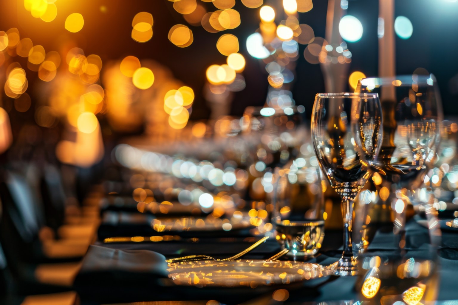 Wine glasses on a table under warm gold lights, the room blurred behind