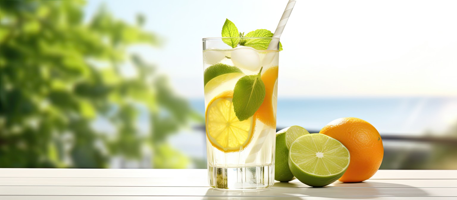 Non-alcoholic mojito beside green apple and orange slices on a white table outdoors