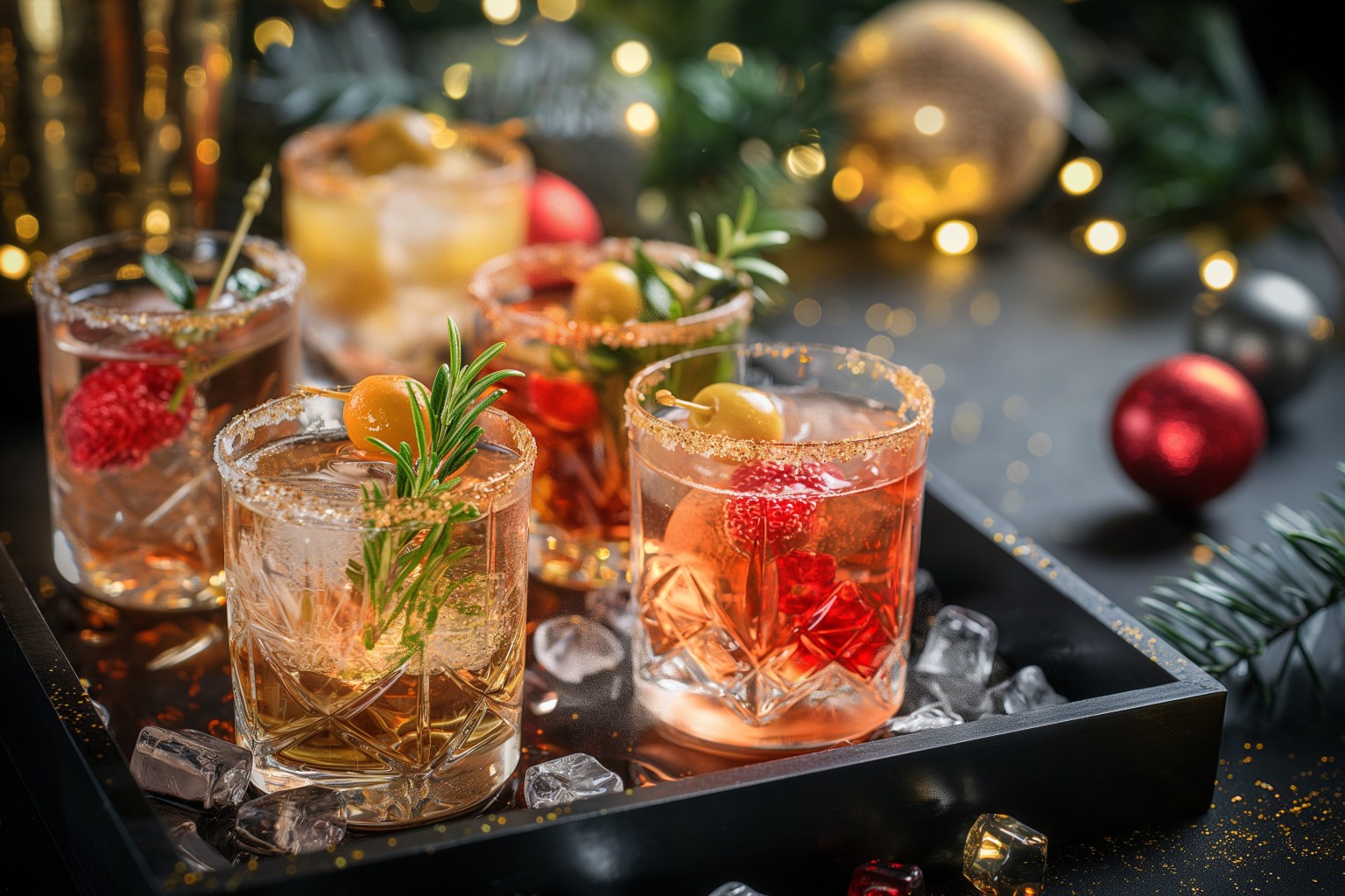 A tray of iced cocktails with rosemary and cranberries among holiday ornaments