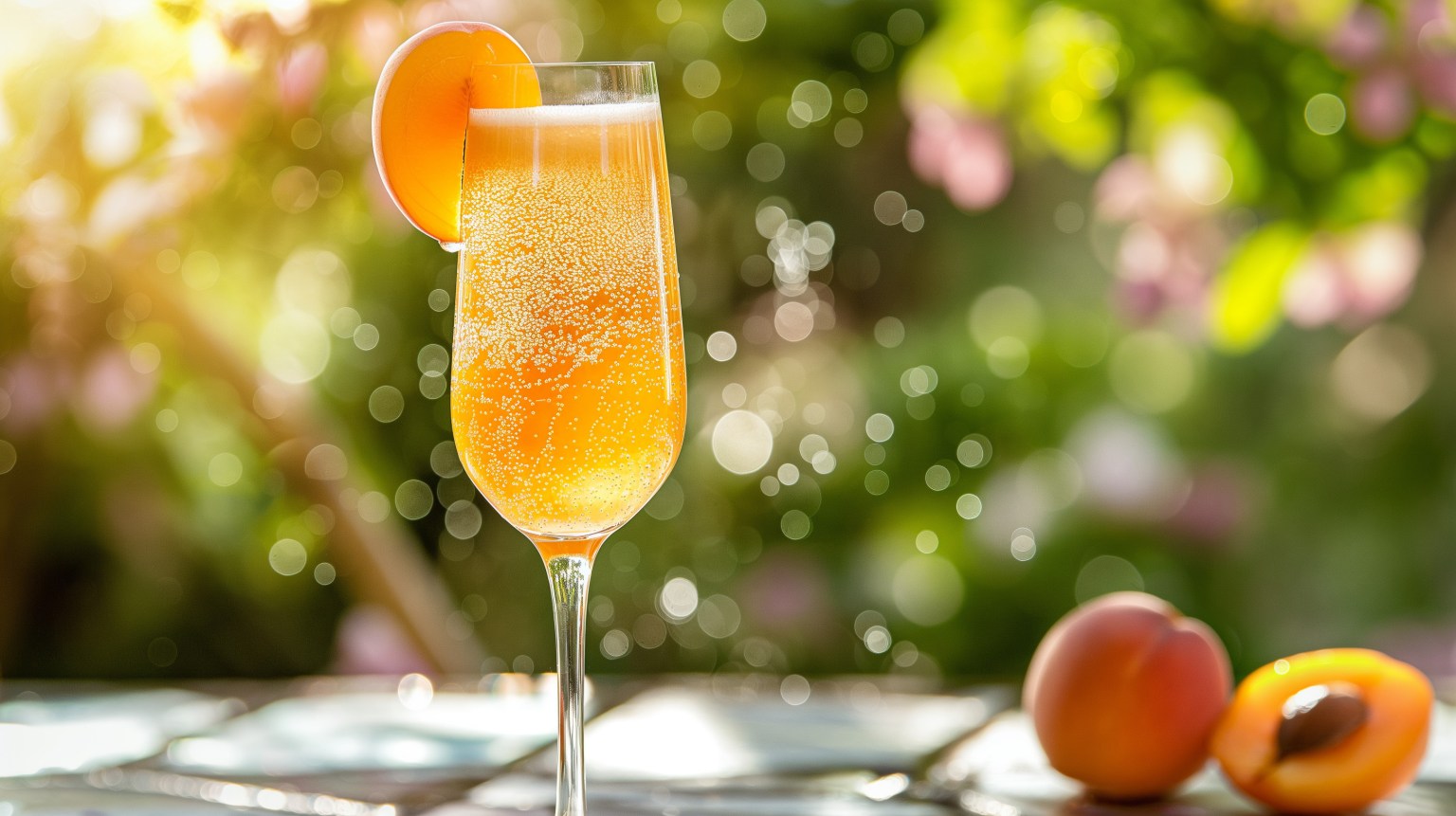 An apricot fizz in a champagne glass garnished with a fresh apricot slice