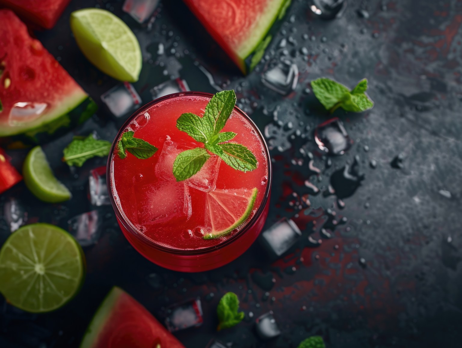 A red watermelon margarita with mint and lime on wet dark stone