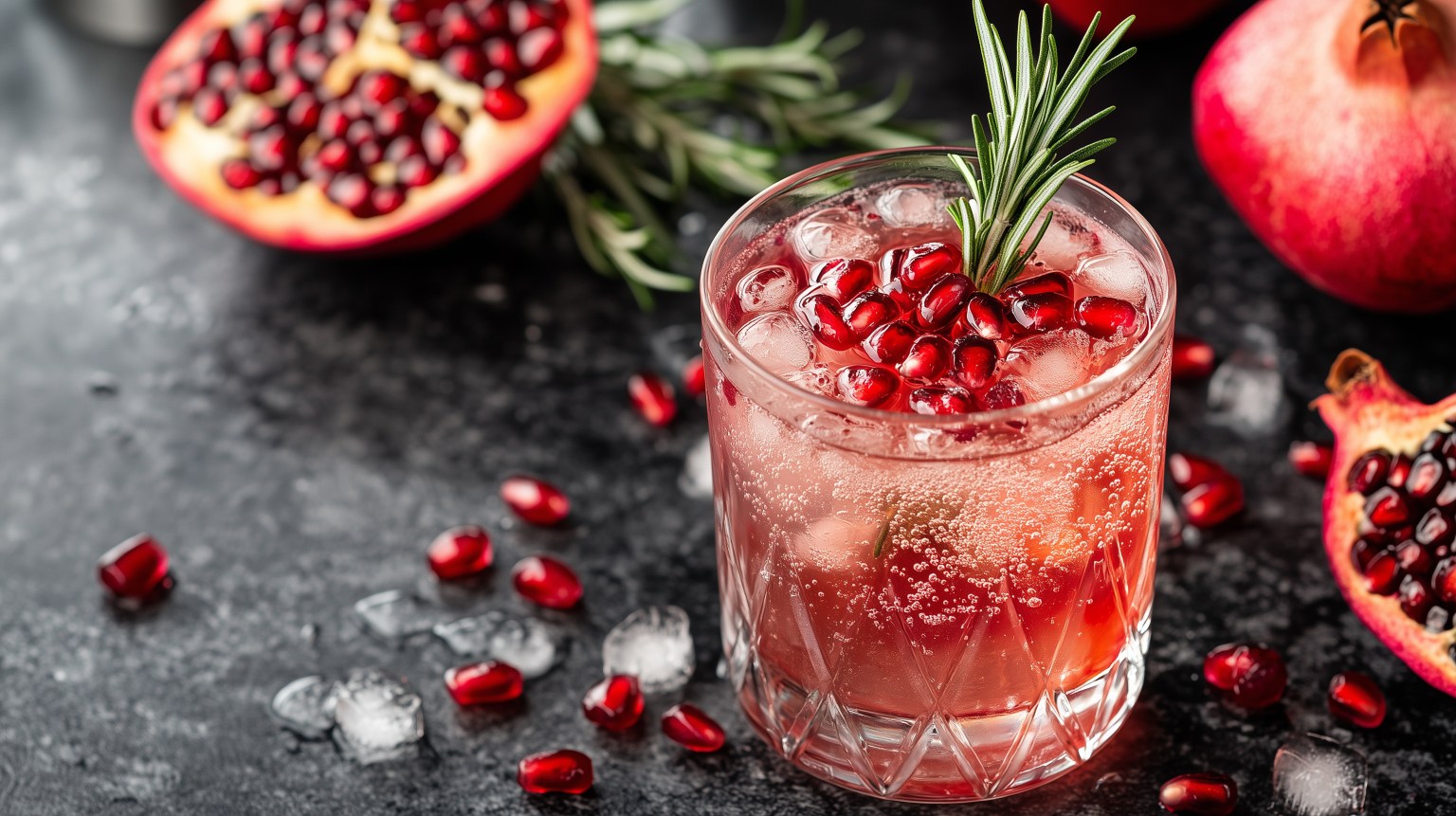 A sparkling non-alcoholic cocktail in a glass tumbler with pomegranate and rosemary