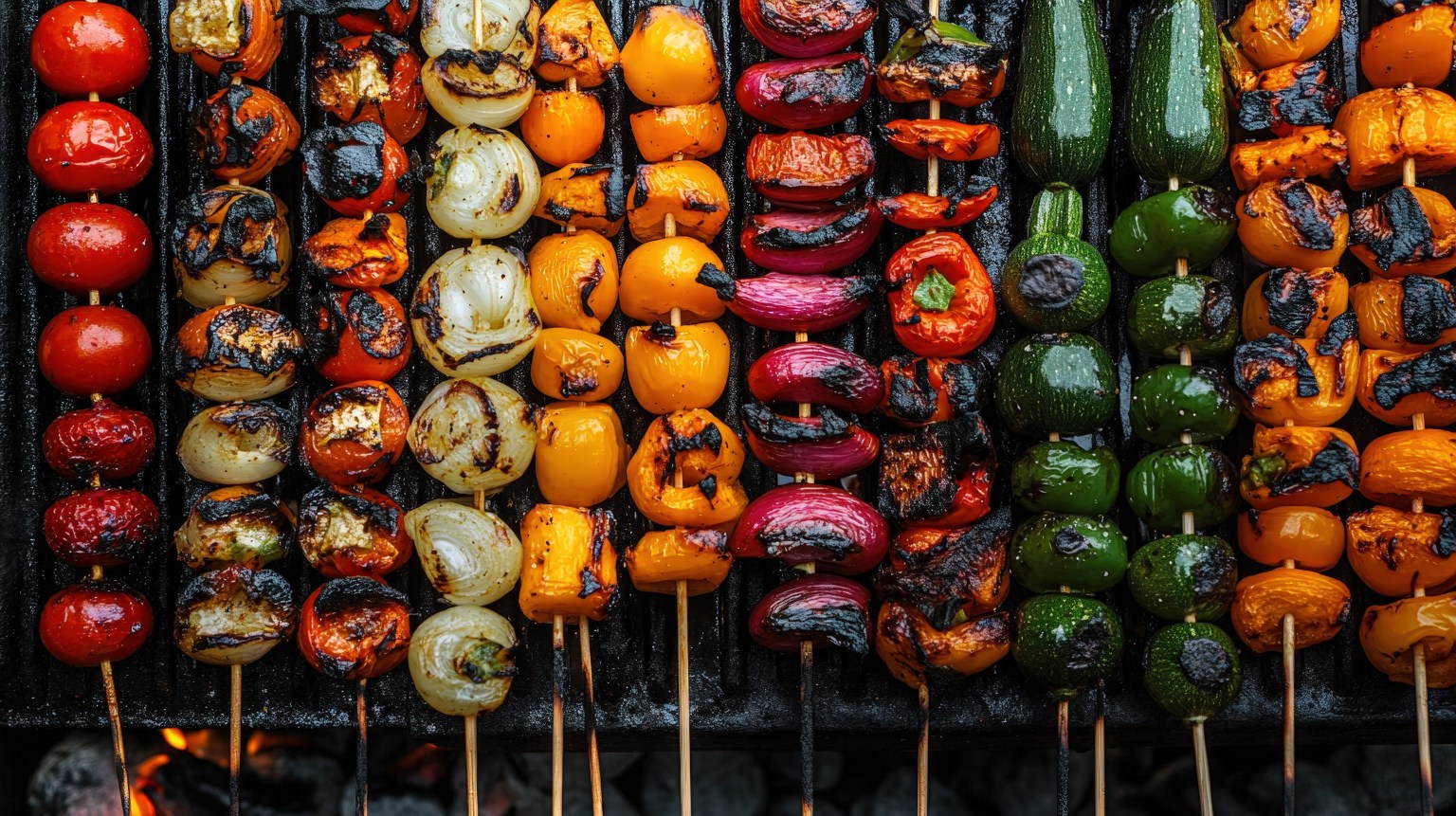 Rows of vegetable skewers charring over a grill