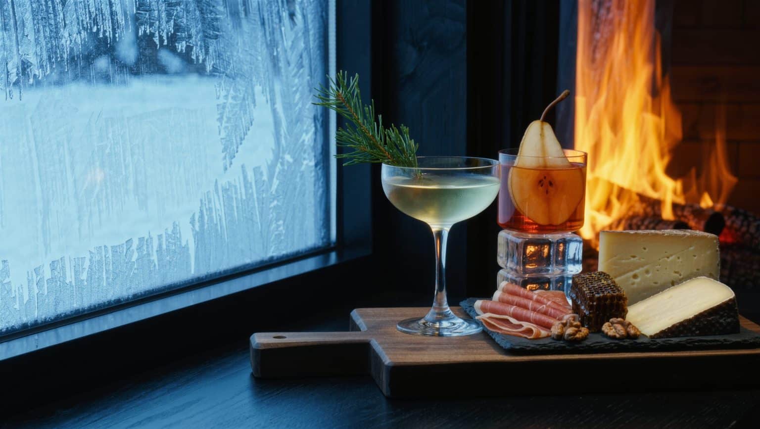 A lodge drinks board on dark timber: coupes of a pale silver-green cocktail with a spruce tip, a smoked pear highball over a large clear cube, aged alpine cheese, cured meat, walnuts and honeycomb, with frost on the window behind and firelight from one side