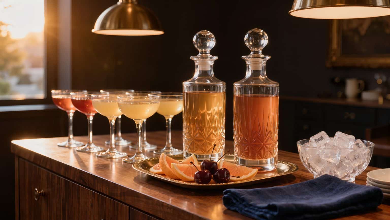 Two cut-glass decanters of amber batched cocktail on a walnut sideboard beside a row of coupe glasses, citrus and cherries on a brass tray, under warm pendant lamps