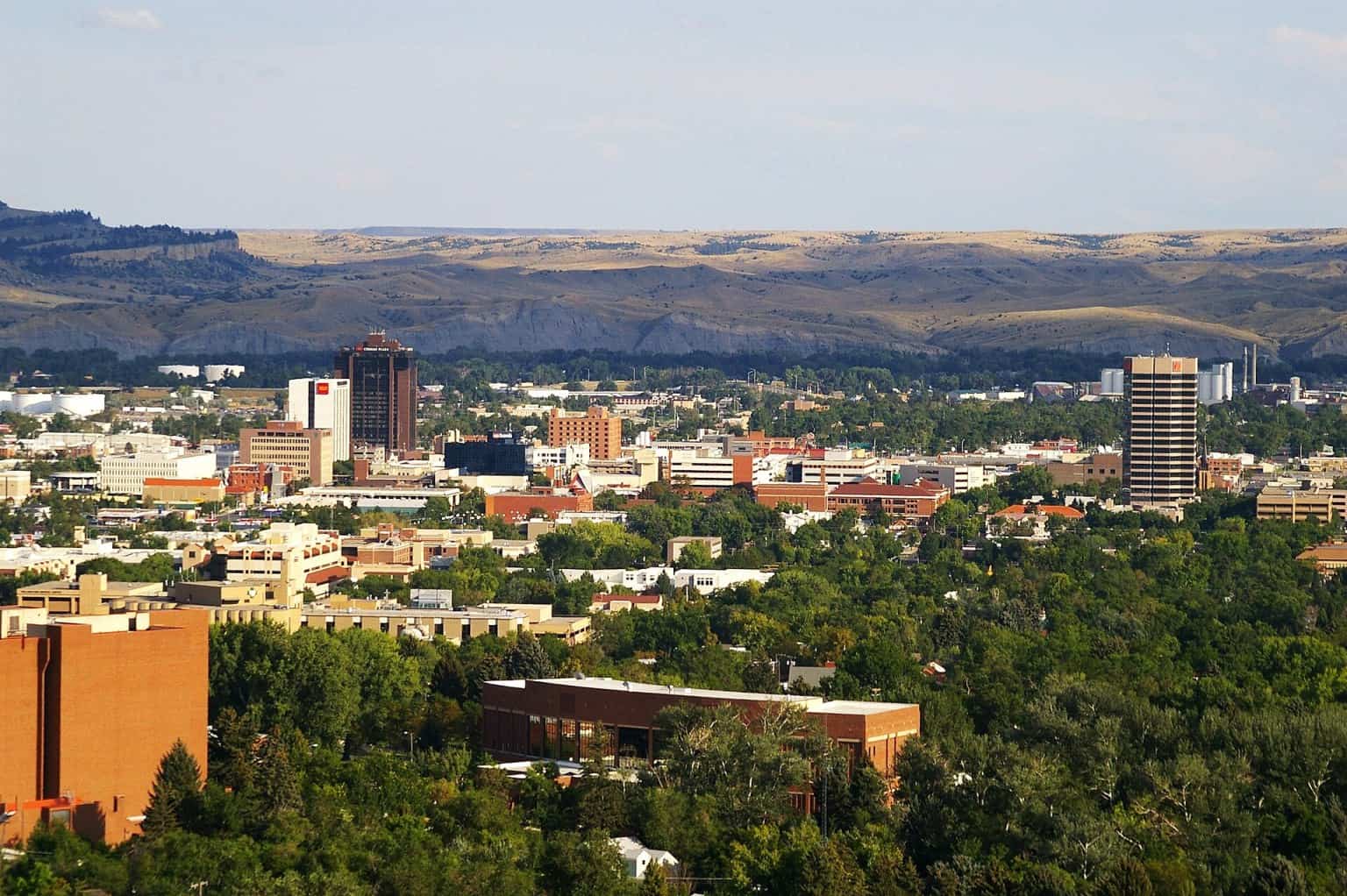 Downtown Billings, Montana, among green trees with the sandstone rimrocks behind