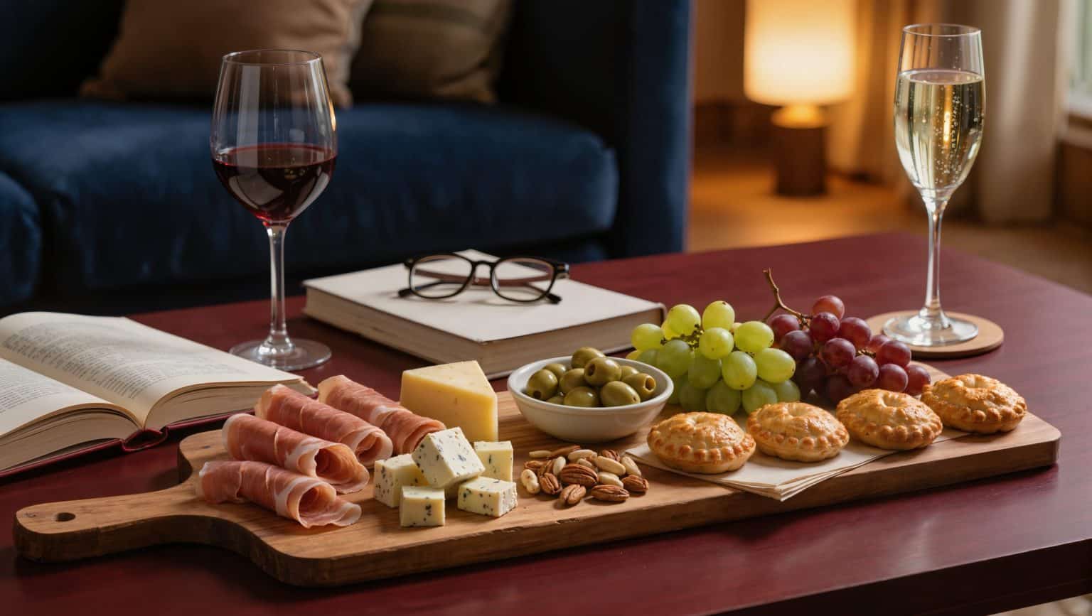 A low table set for book club with a board of rolled prosciutto, cubed gouda, olives, grapes and hand pies, books held open, reading glasses, and wine and water set away from the books