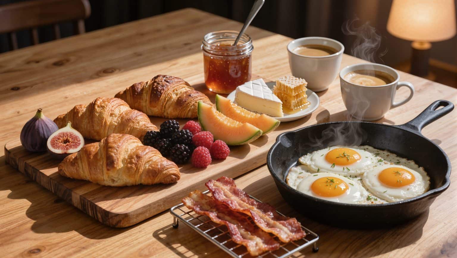 A breakfast board of croissants, figs, blackberries, raspberries, melon, brie and honeycomb on oak, beside a cast-iron skillet of just-set fried eggs and two cups of coffee